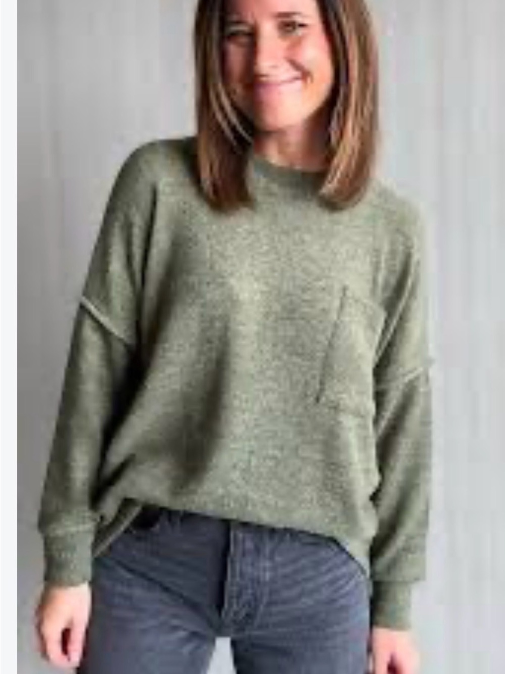 Zenana Outfitters Olive Green Crewneck Sweater with Pocket